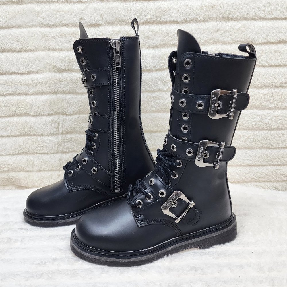 Goth Combat Biker Boots Black Matte Lightning Bolt Tread Bolt 330